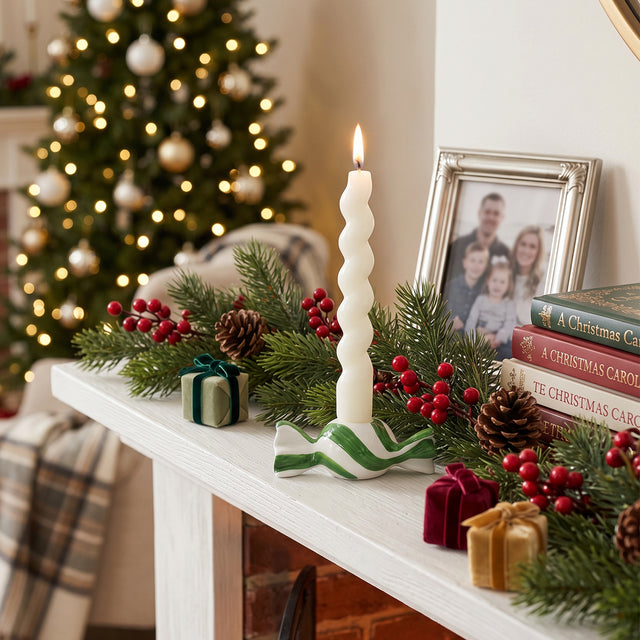 Green Candy Candle Holder On Christmas Mantel