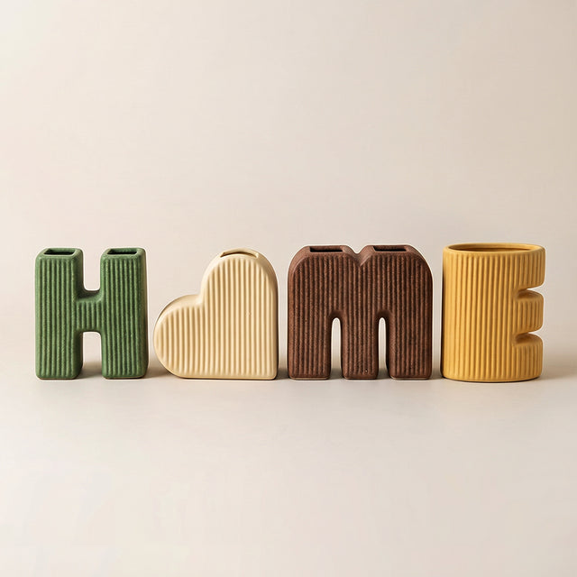 4 Piece Ceramic HOME Vase Set with Heart Shaped O, Ribbed Textured Decorative Vases for Flowers and Greenery, Boho Farmhouse Tabletop Decor