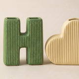 4 Piece Ceramic HOME Vase Set with Heart Shaped O, Ribbed Textured Decorative Vases for Flowers and Greenery, Boho Farmhouse Tabletop Decor