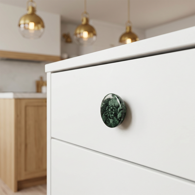Natural Stone Cabinet Knobs Set of 2, Round Drawer Pulls for Kitchen Bathroom & Dresser, Dome Hardware with Brass-Threaded Insert