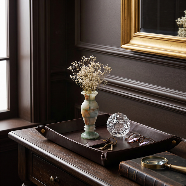 Green onyx vase on dark wood tray sideboard
