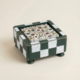 Checkered Wooden Napkin Holder — Rustic Handcrafted Square Cocktail Napkin Caddy with Bun Feet, Distressed Finish