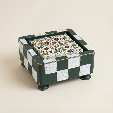 Checkered Wooden Napkin Holder — Rustic Handcrafted Square Cocktail Napkin Caddy with Bun Feet, Distressed Finish