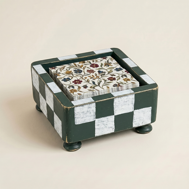 Checkered Wooden Napkin Holder — Rustic Handcrafted Square Cocktail Napkin Caddy with Bun Feet, Distressed Finish