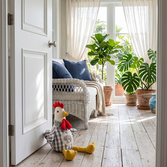 Grey Gingham Rooster In Sunroom