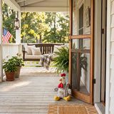 Grey Gingham Rooster On Front Porch