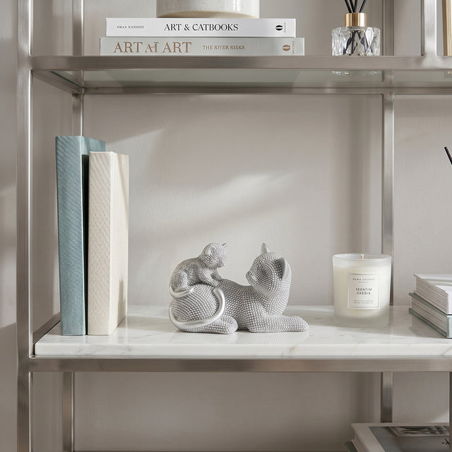 Grey cat figurine inside glass wall shelf