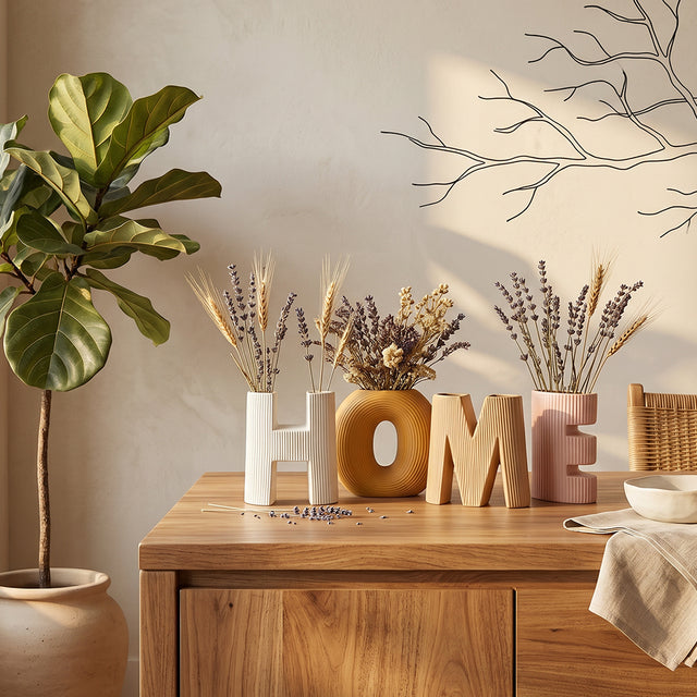 Set of 4 Ceramic HOME Letter Vase Set, Ribbed Textured Decorative Vases for Flowers and Plants, Boho Tabletop Decor for Shelf, Mantel, and Living Room