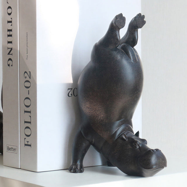 Hippo Bookends Set of 2, Quirky Resin Animal Sculpture Book Holders, Dark Bronze Matte Finish, Heavyweight Shelf Decor for Home Office, Living Room & Bookshelf