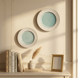 Handcrafted Ceramic Plates Set of 2 — Embossed Sunburst Rim & Reactive Celadon Glaze | Lead-Free Porcelain | 8.9″ & 11.2″