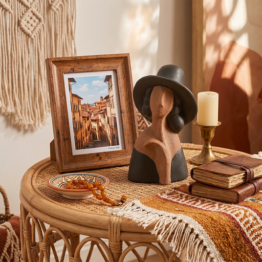 Hat woman sculpture on rattan roundside table