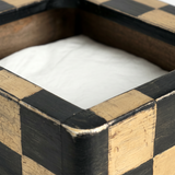 Checkered Wooden Napkin Holder — Rustic Handcrafted Square Cocktail Napkin Caddy with Bun Feet, Distressed Finish