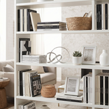 Interlocking circles decor inside white open bookshelf