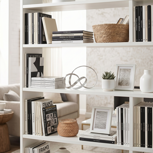 Interlocking circles decor inside white open bookshelf