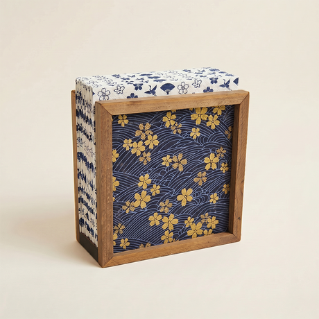 Japandi Wood Fabric Navy Gold Napkin Holder