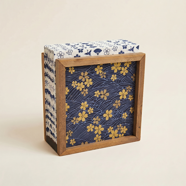 Japandi Wood Fabric Navy Gold Napkin Holder