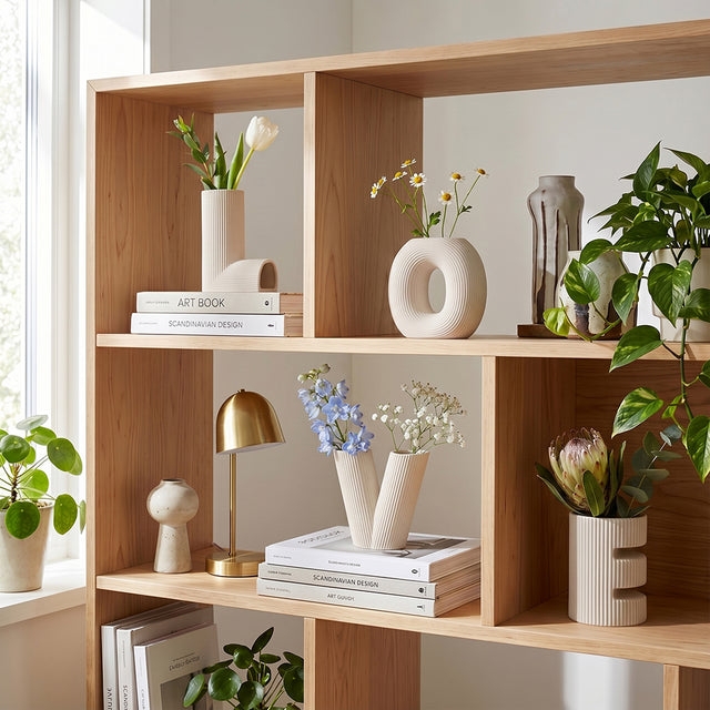  LOVE vases on wooden shelf