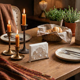 Lace napkin holder on rustic dining table