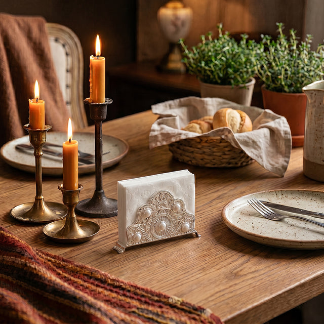 Lace napkin holder on rustic dining table