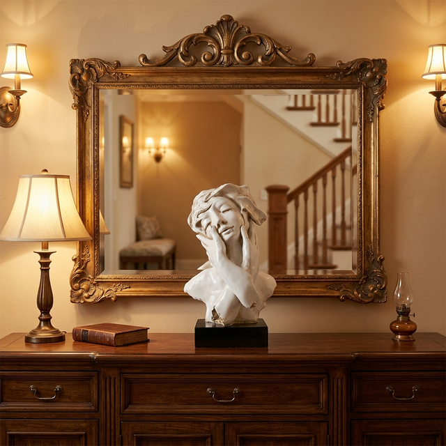 Lady bust on vintage wood sideboard