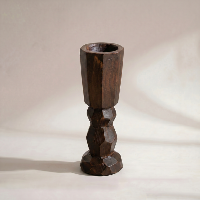 Large Faceted Wood Pillar Candle Holder