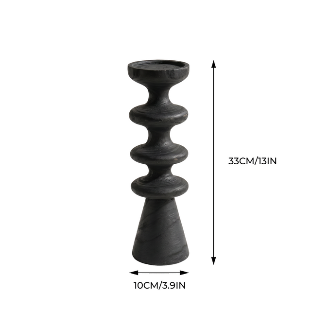 Black Pillar Candle Holder — Stacked Turned Solid Wood Candlestick, Modern Vintage Style Pillar Holder for Mantel, Dining Table & Console