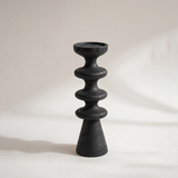 Black Pillar Candle Holder — Stacked Turned Solid Wood Candlestick, Modern Vintage Style Pillar Holder for Mantel, Dining Table & Console