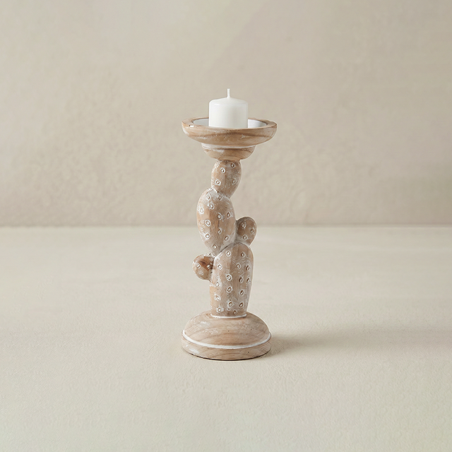 Handcrafted Wood Cactus Candle Holder - Whitewashed Rustic Boho Candlestick for Table, Shelf & Mantel