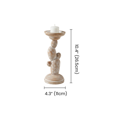 Handcrafted Wood Cactus Candle Holder - Whitewashed Rustic Boho Candlestick for Table, Shelf & Mantel