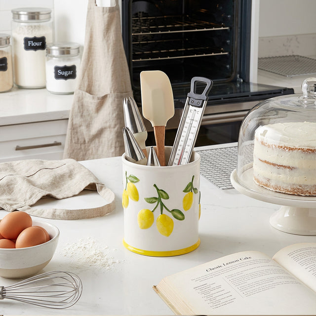 Embossed Lemon Ceramic Utensil Crock — White Kitchen Tool Holder with Raised Fruit Relief, 5.4" Opening / 6.3" Tall, Easy-Clean Glaze, Countertop Organizer for Spatulas, Spoons & Cooking Tools