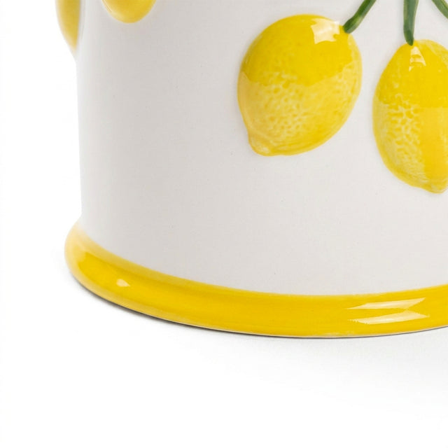 Embossed Lemon Ceramic Utensil Crock — White Kitchen Tool Holder with Raised Fruit Relief, 5.4" Opening / 6.3" Tall, Easy-Clean Glaze, Countertop Organizer for Spatulas, Spoons & Cooking Tools