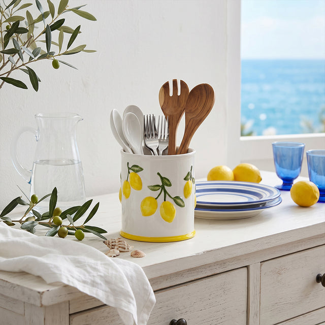 Embossed Lemon Ceramic Utensil Crock — White Kitchen Tool Holder with Raised Fruit Relief, 5.4" Opening / 6.3" Tall, Easy-Clean Glaze, Countertop Organizer for Spatulas, Spoons & Cooking Tools