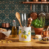Embossed Lemon Ceramic Utensil Crock — White Kitchen Tool Holder with Raised Fruit Relief, 5.4" Opening / 6.3" Tall, Easy-Clean Glaze, Countertop Organizer for Spatulas, Spoons & Cooking Tools