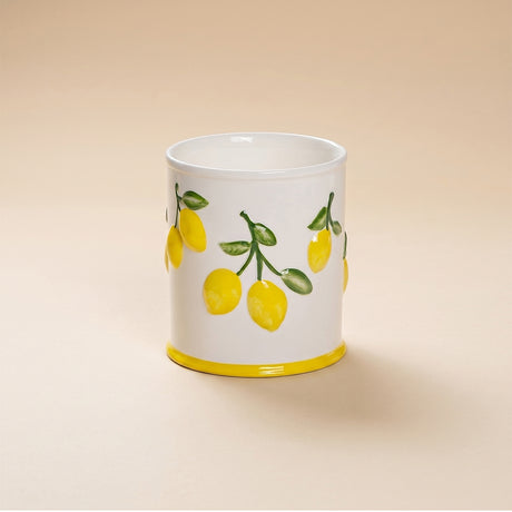 Embossed Lemon Ceramic Utensil Crock — White Kitchen Tool Holder with Raised Fruit Relief, 5.4" Opening / 6.3" Tall, Easy-Clean Glaze, Countertop Organizer for Spatulas, Spoons & Cooking Tools