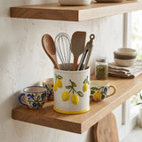 Embossed Lemon Ceramic Utensil Crock — White Kitchen Tool Holder with Raised Fruit Relief, 5.4" Opening / 6.3" Tall, Easy-Clean Glaze, Countertop Organizer for Spatulas, Spoons & Cooking Tools