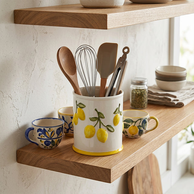 Embossed Lemon Ceramic Utensil Crock — White Kitchen Tool Holder with Raised Fruit Relief, 5.4" Opening / 6.3" Tall, Easy-Clean Glaze, Countertop Organizer for Spatulas, Spoons & Cooking Tools