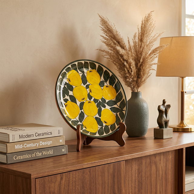 Hand-Painted Ceramic Decorative Plate — Large 14.8" Terracotta Charger with Lemon & Leaf Pattern, Glazed Wall Décor or Serving Platter