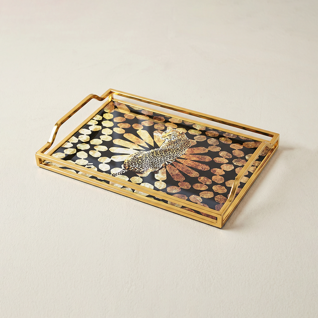 Leopard print gold metal decor tray