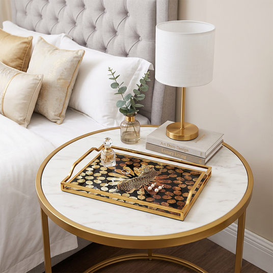 Leopard tray on round bedside table