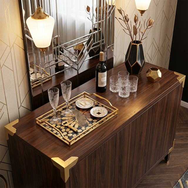 Leopard tray on wood side cabinet