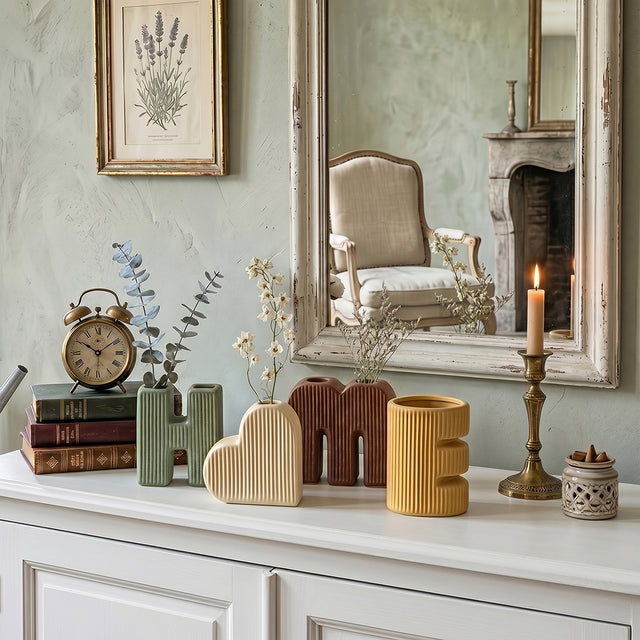 4 Piece Ceramic HOME Vase Set with Heart Shaped O, Ribbed Textured Decorative Vases for Flowers and Greenery, Boho Farmhouse Tabletop Decor