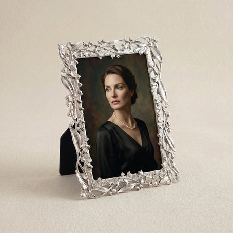 Silver Lily of the Valley Metal Picture Frame – 4"×6" Zinc Alloy Botanical Relief Frame with Glass, Easel Stand for Desk, Shelf or Dresser