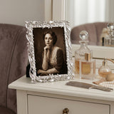 Silver Lily of the Valley Metal Picture Frame – 4"×6" Zinc Alloy Botanical Relief Frame with Glass, Easel Stand for Desk, Shelf or Dresser