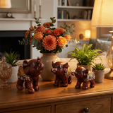 Set of 3 Resin Elephant Figurines – Rosewood Finish, Gold & Silver Embossed Floral Saddles, Lucky Elephant Statues for Mantel Shelf Home Decor