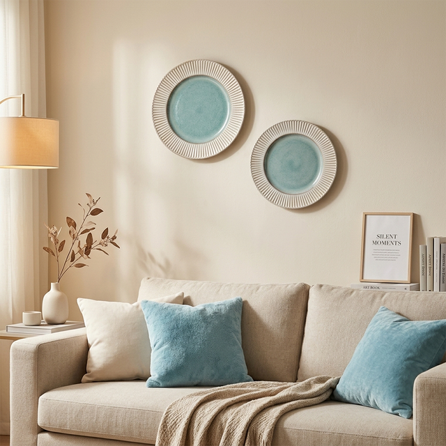 Handcrafted Ceramic Plates Set of 2 — Embossed Sunburst Rim & Reactive Celadon Glaze | Lead-Free Porcelain | 8.9″ & 11.2″
