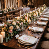 Long dinner table with decor napkins
