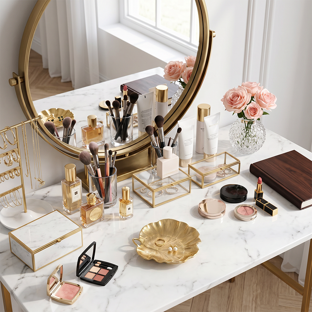 Lotus dish on luxury makeup tabletop