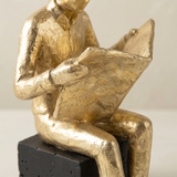 Golden Reader Sculpture – Polyresin Abstract Figurine, Antique Gold Finish & Black Base, Home Office Bookshelf Décor, Reading Nook Accent