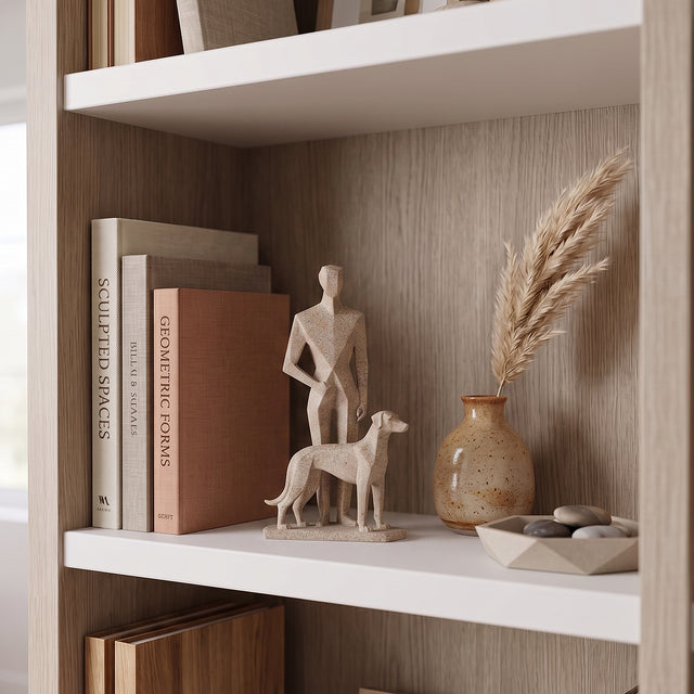 Man And Dog Sculpture On Bookshelf