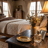 Metal jewelry tray on bedroom night table